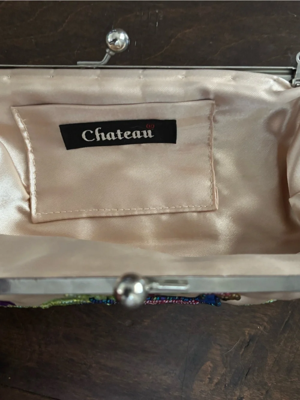 Chateau Vintage-Style Beaded & Embroidered Peacock Satin Kiss-Lock Clutch